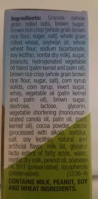 Ingredients Label for Quaker Peanut Butter Chocolatey Covered Granola Bars - Verified NOT SAFE