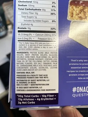 Ingredients Label for Quest Blueberry Cobbler Crispy Hero Protein Bars - Verified CERTIFIED SAFE