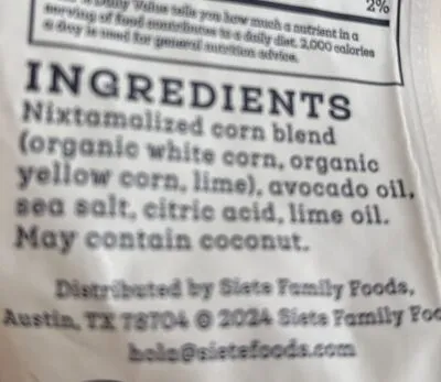 Ingredients Label for Siete Maíz Corn Tortilla Chips Lime - Verified CERTIFIED SAFE