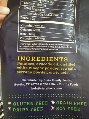 Ingredients Label for Siete Serrano Sea Salt Vinegar Potato Chips - Verified CERTIFIED SAFE