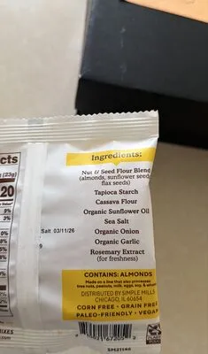 Ingredients Label for Simple Mills Almond Flour Crackers - Verified NOT SAFE