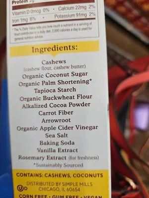 Ingredients Label for Simple Mills Cocoa Cashew Crme Nut Butter Stuffed Sandwich Cookies - Verified CERTIFIED SAFE
