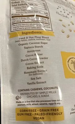 Ingredients Label for Simple Mills Simple Mills, Sweet Thins Chocolate Brownie - Verified CERTIFIED SAFE
