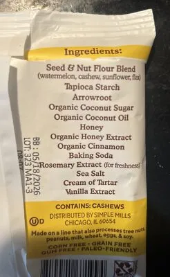 Ingredients Label for Simple Mills Sweet Thins Cinnamon Seed & Nut Flour - Verified CERTIFIED GLUTEN-FREE