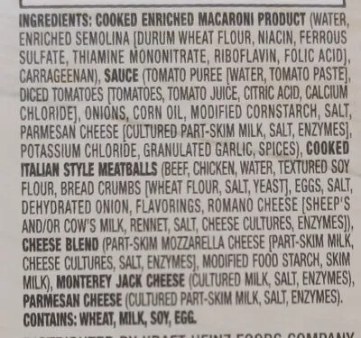 Ingredients Label for Smart Ones Three Cheese Ziti With Meatballs - Verified NOT SAFE
