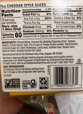Ingredients Label for So Delicious Dairy Free Cheddar Style Cheese Slices - Verified CERTIFIED SAFE