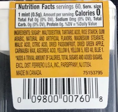 Ingredients Label for Tic Tac Fruit Adventure, Mints - Verified PROCEED WITH CAUTION