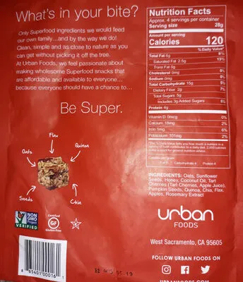 Ingredients Label for Urban Foods Superfood Bites, Tart Cherry, Apple - Verified CERTIFIED SAFE