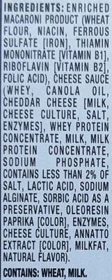 Ingredients Label for Velveeta Original Shells & Cheese - Verified NOT SAFE