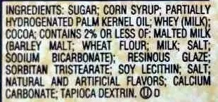 Ingredients Label for Whoppers The Original Malted Milk Balls - Verified NOT SAFE
