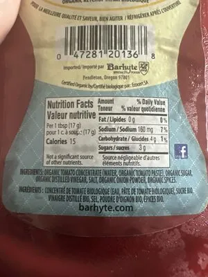 Ingredients Label for Barhyte Suzies Organic Ketchup - Verified CERTIFIED SAFE