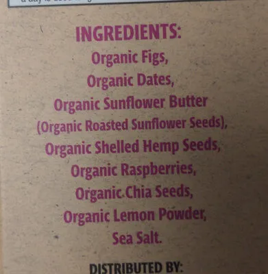 Ingredients Label for Bearded Brothers Organic Radical Raspberry Lemon Food Bar - Verified CERTIFIED SAFE