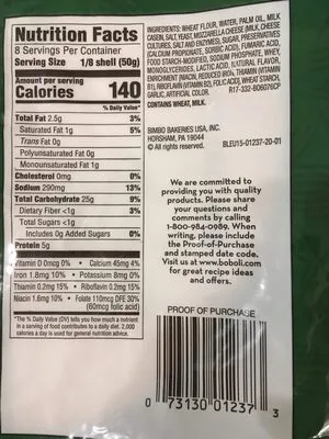 Ingredients Label for Boboli Original Crust - Verified NOT SAFE