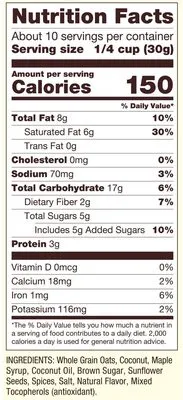 Ingredients Label for Bob's Red Mill Coconut Spice Flavored Homestyle Granola - Verified CERTIFIED SAFE