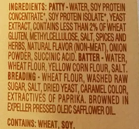 Ingredients Label for Boca Patties, Original Chik'n - Verified NOT SAFE