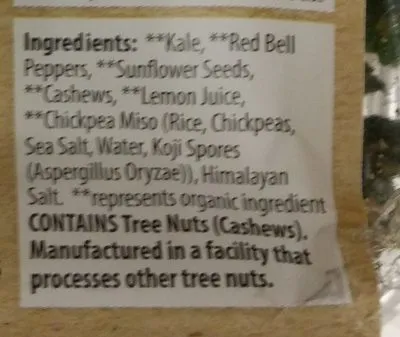 Ingredients Label for Brad's Raw Crunchy Kale - Verified CERTIFIED SAFE