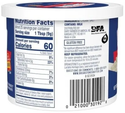 Ingredients Label for Breakstone's All Natural Salted Whipped Butter - Verified MANUFACTURER LABELED GLUTEN-FREE