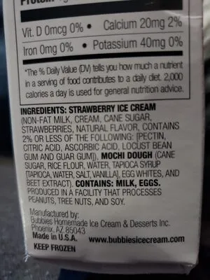 Ingredients Label for Bubbies Strawberry Mochi Premium Ice Cream Wrapped In Sweet Rice Dough - Verified CERTIFIED SAFE
