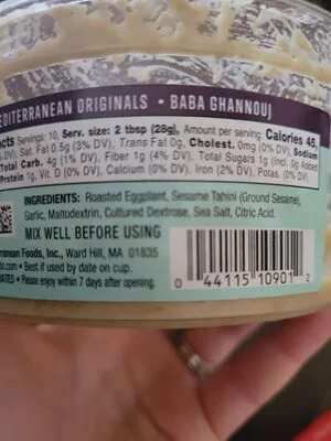 Ingredients Label for Cedar's Originals Mediterranean Roasted Eggplant Dip & Spread - Verified CERTIFIED SAFE