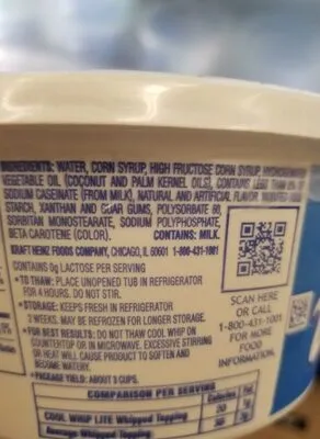 Ingredients Label for Cool Whip Lite Whipped Topping - Verified PROCEED WITH CAUTION
