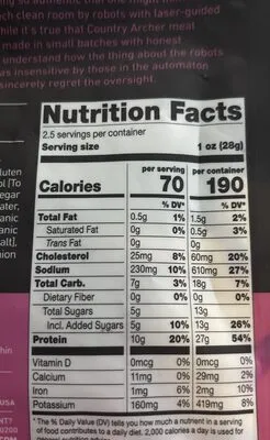 Ingredients Label for Country Archer Grass-fed Teriyaki Beef Jerky - Verified CERTIFIED SAFE