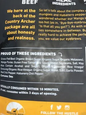 Ingredients Label for Country Archer Provisions Mango Habanero Grass-fed Beef Jerky - Verified CERTIFIED SAFE