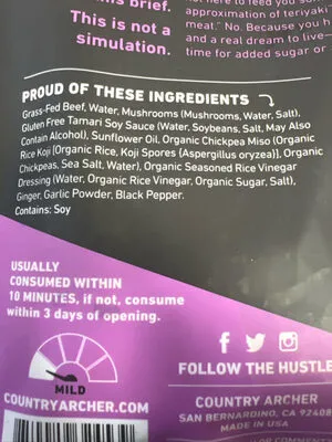 Ingredients Label for Country Archer Provisions Teriyaki Grass-fed Beef Jerky - Verified CERTIFIED SAFE
