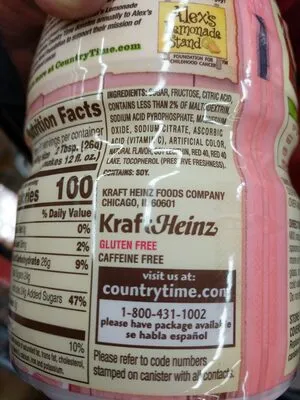 Ingredients Label for Country Time Pink Lemonade Flavored Drink Mix - Verified MANUFACTURER LABELED GLUTEN-FREE