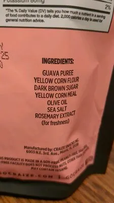Ingredients Label for Craize Guava Toasted Corn Cracker - Verified CERTIFIED SAFE