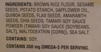 Ingredients Label for Crunchmaster 5-seed Sesame, Amaranth, Flax - Verified CERTIFIED SAFE