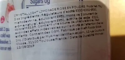 Ingredients Label for Crystal Light Pink Lemonade Naturally Flavored Powdered Drink Mix - Verified PROCEED WITH CAUTION
