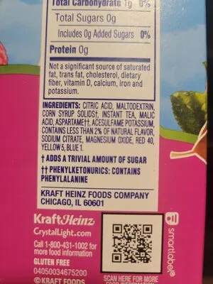 Ingredients Label for Crystal Light Raspberry Iced Tea Drink Mix - Verified MANUFACTURER LABELED GLUTEN-FREE
