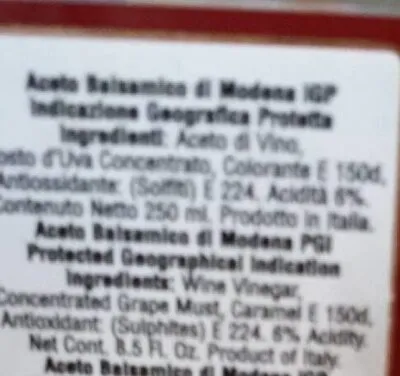 Ingredients Label for De Nigris Balsamic Vinegar Of Modena Gold Eagle - Verified PROCEED WITH CAUTION