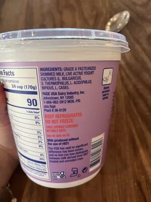 Ingredients Label for Fage 0% Milkfat All Natural Greek Strained Yogurt - Verified CERTIFIED GLUTEN-FREE