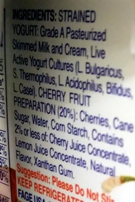 Ingredients Label for Fage Black Cherry Lowfat Greek Strained Yogurt - Verified PROCEED WITH CAUTION