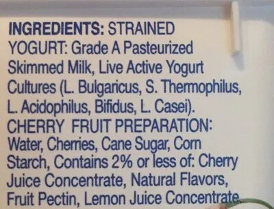 Ingredients Label for Fage Cherry Total 0% Nonfat Greek Strained Yogurt - Verified PROCEED WITH CAUTION