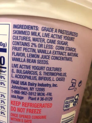 Ingredients Label for Fage Vanilla Blended Nonfat Greek Strained Yogurt - Verified MANUFACTURER LABELED GLUTEN-FREE