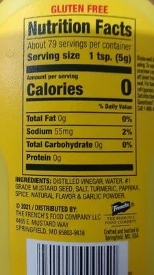 Ingredients Label for French's Classic Yellow Mustard - Verified MANUFACTURER LABELED GLUTEN-FREE