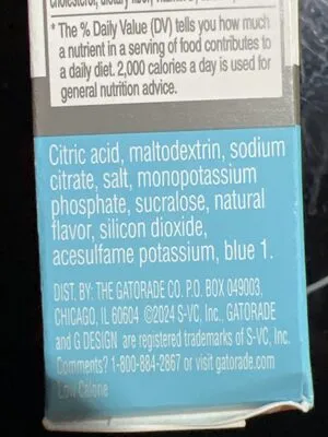 Ingredients Label for Gatorade Glacier Freeze Zero Sugar Thirst Quencher Powder - Verified PROCEED WITH CAUTION