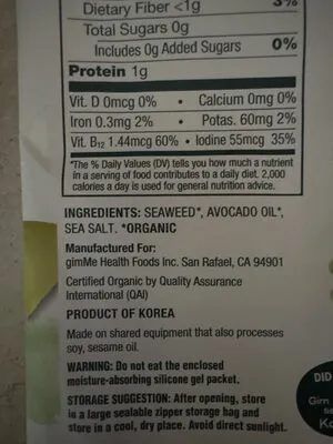 Ingredients Label for Gimme Big Sheets Sea Salt & Avocado Oil Roasted Seaweed - Verified CERTIFIED SAFE