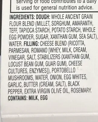 Ingredients Label for Good Graces Gluten Free Portobello And Cheese Ravioli - Verified CERTIFIED SAFE