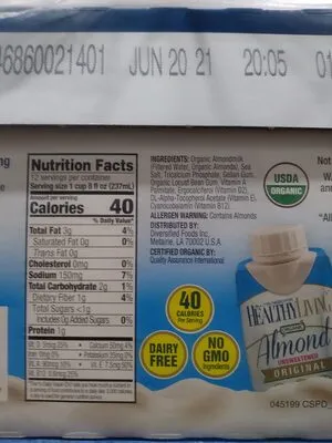 Ingredients Label for Healthy Living Almond Milk - Organic - Verified CERTIFIED SAFE