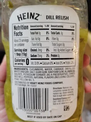 Ingredients Label for Heinz Dill Relish - Verified PROCEED WITH CAUTION