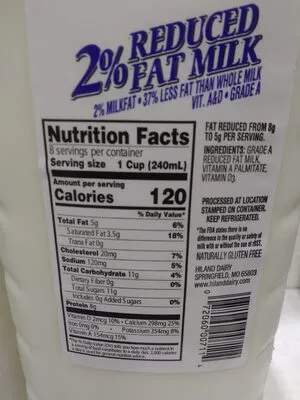 Ingredients Label for Hiland 2% Reduced Fat Milk - Verified CERTIFIED SAFE