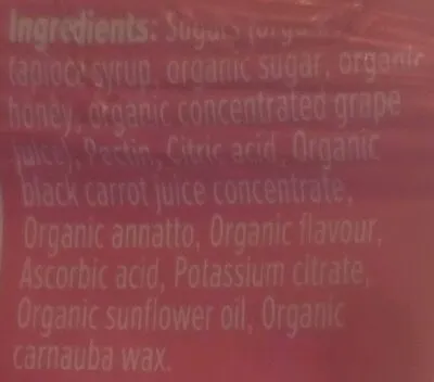 Ingredients Label for Honey Stinger Organic Energy Chews, Mixed Berry, Orange And Cherry - Verified MANUFACTURER LABELED GLUTEN-FREE