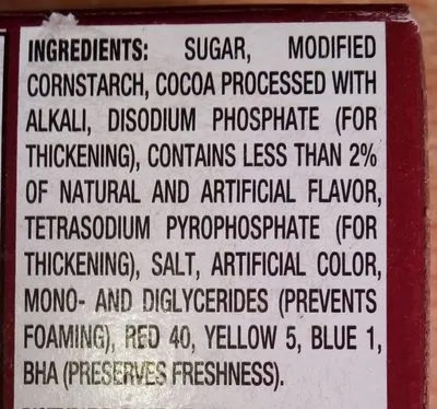 Ingredients Label for Jell-o Chocolate Instant Pudding & Pie Filling Mix - Verified PROCEED WITH CAUTION
