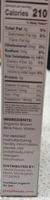 Ingredients Label for Jovial Brown Rice Organic Gluten Free Stelline Pasta - Verified CERTIFIED SAFE