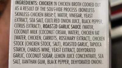 Ingredients Label for Kevin's Natural Foods Roasted Garlic Chicken - Verified CERTIFIED SAFE