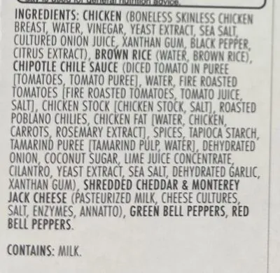Ingredients Label for Kevin's Chicken Burrito Bowl - Verified CERTIFIED SAFE