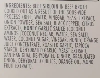 Ingredients Label for Kevin's Natural Foods Honey Garlic Beef - Verified CERTIFIED SAFE
